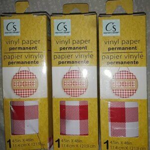 3 PC MINI VINYL PERMANENT PAPER ROLL CHECKERED 4.5in x 48in red white craft diy